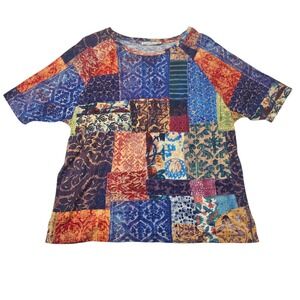 Peruvian Connection Shirt Women M/L Multi Patchwork Print Cotton Raglan SS